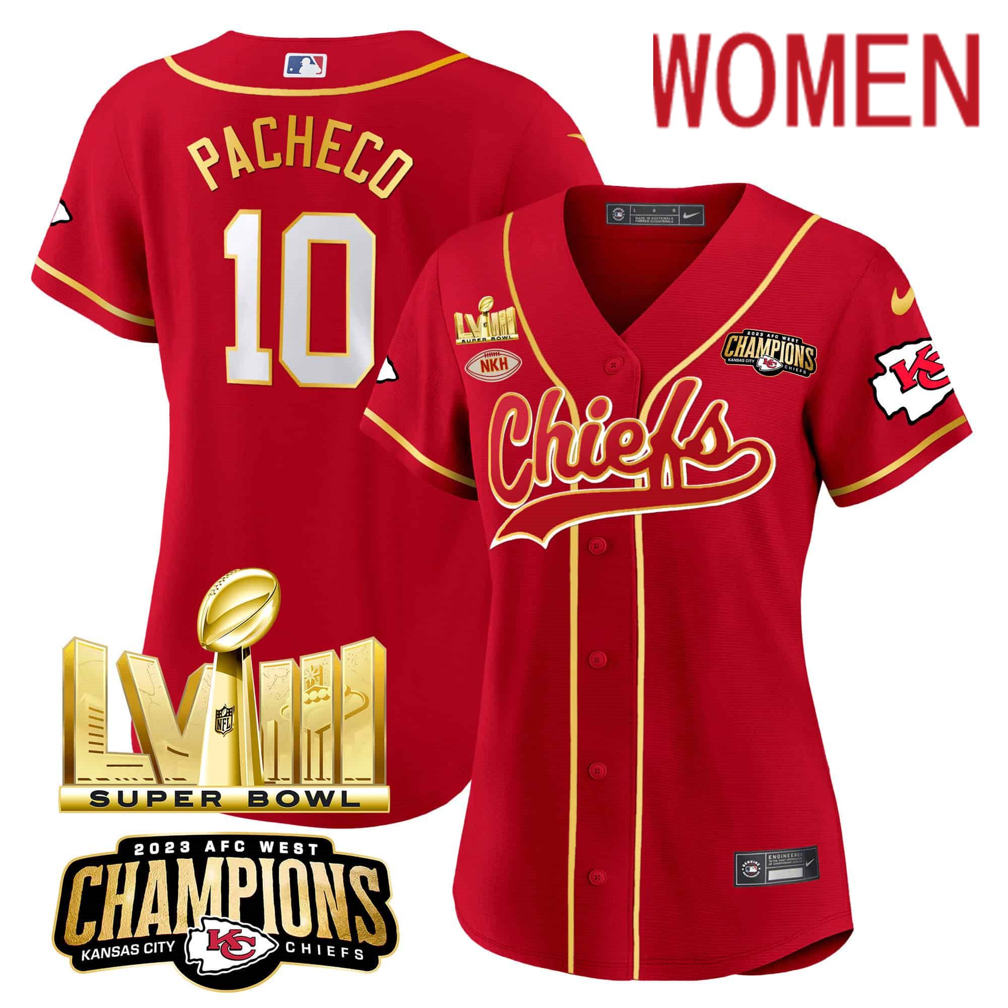 Women Kansas City Chiefs #10 Pacheco Red 2024 Nike Super Bowl LVIII Back-2-Back Gold Patch Baseball NFL Jersey